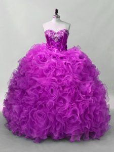 Hot Selling Sweetheart Sleeveless Lace Up Sweet 16 Dresses Purple Organza and Fabric With Rolling Flowers