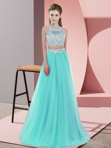 Aqua Blue Two Pieces Tulle Halter Top Sleeveless Lace Floor Length Zipper Dama Dress