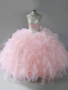 Floor Length Ball Gowns Sleeveless Pink Quinceanera Dress Lace Up