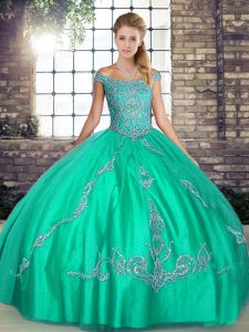 Turquoise Off The Shoulder Neckline Beading and Embroidery Quinceanera Gown Sleeveless Lace Up