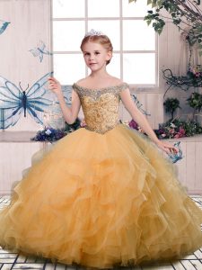 Nice Gold Tulle Lace Up High School Pageant Dress Sleeveless Floor Length Beading and Ruffles