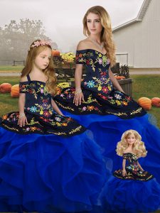 Beauteous Sleeveless Floor Length Embroidery and Ruffles Lace Up Quince Ball Gowns with Royal Blue