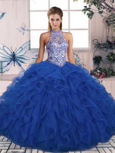 Pretty Blue Halter Top Neckline Beading and Ruffles 15 Quinceanera Dress Sleeveless Lace Up