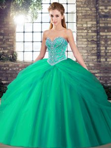 Edgy Sweetheart Sleeveless Brush Train Lace Up Quinceanera Dresses Turquoise Tulle