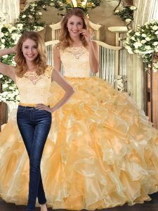 Gold Two Pieces Organza Scoop Sleeveless Lace and Ruffles Floor Length Clasp Handle Quinceanera Gown