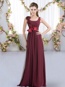 Flare Burgundy Sleeveless Floor Length Belt and Hand Made Flower Zipper Dama Dress