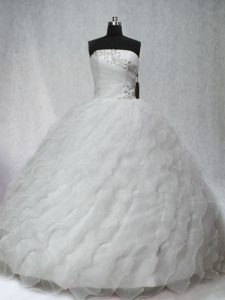 Simple White Quince Ball Gowns Organza Brush Train Sleeveless Beading and Ruching