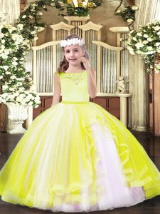 Exquisite Yellow Ball Gowns Tulle Scoop Sleeveless Lace Floor Length Zipper Pageant Dress Toddler