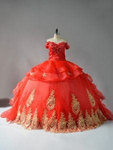 Dazzling Red Off The Shoulder Lace Up Appliques and Hand Made Flower Vestidos de Quinceanera Court Train Sleeveless