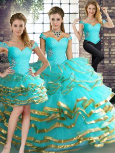 Custom Fit Aqua Blue Three Pieces Tulle Off The Shoulder Sleeveless Beading and Ruffled Layers Floor Length Lace Up Sweet 16 Dress