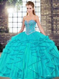 Fine Ball Gowns Quinceanera Gowns Aqua Blue Sweetheart Tulle Sleeveless Floor Length Lace Up