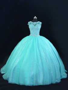 Discount Aqua Blue Sleeveless Beading and Lace Floor Length Ball Gown Prom Dress