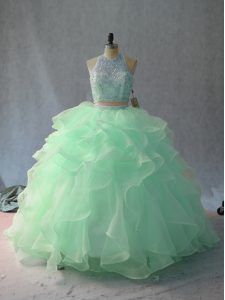 Shining Sleeveless Organza Floor Length Backless Ball Gown Prom Dress in Apple Green with Beading and Ruffles
