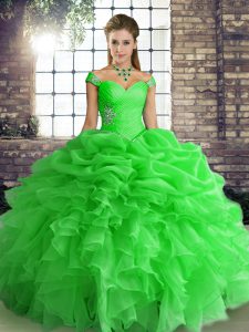 Green Lace Up Ball Gown Prom Dress Beading and Ruffles and Pick Ups Sleeveless Floor Length