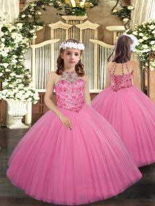 Rose Pink Sleeveless Beading Floor Length Little Girls Pageant Dress Wholesale