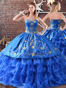 Blue Neckline Embroidery Quinceanera Gown Sleeveless