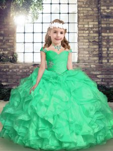 Cute Straps Sleeveless Little Girl Pageant Dress Floor Length Embroidery and Ruffles and Ruching Turquoise Organza