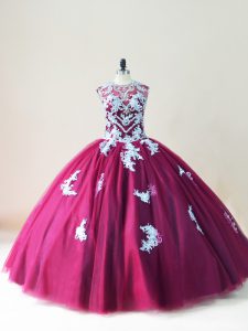 Simple Burgundy Tulle Lace Up Sweet 16 Quinceanera Dress Sleeveless Floor Length Beading and Appliques