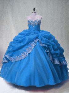Designer Blue Ball Gowns Sweetheart Sleeveless Organza Floor Length Lace Up Beading and Appliques and Pick Ups Vestidos de Quinceanera