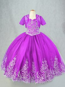 Dramatic Beading and Embroidery Little Girls Pageant Dress Purple Lace Up Sleeveless Floor Length