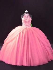 Pink Sweet 16 Dresses Tulle Sleeveless Beading and Pick Ups