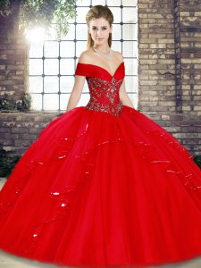Luxury Floor Length Red Sweet 16 Dresses Off The Shoulder Sleeveless Lace Up