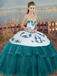 Modest Embroidery and Bowknot Sweet 16 Quinceanera Dress Teal Lace Up Sleeveless Floor Length
