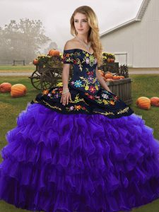 Great Black And Purple Organza Lace Up Off The Shoulder Sleeveless Floor Length Quinceanera Gown Embroidery and Ruffled Layers