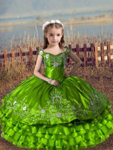 Satin and Organza Lace Up Off The Shoulder Sleeveless Floor Length Kids Formal Wear Embroidery and Ruffled Layers