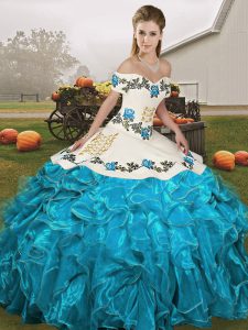 Blue And White Lace Up Off The Shoulder Embroidery and Ruffles Quinceanera Gowns Organza Sleeveless