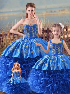 Royal Blue Satin and Fabric With Rolling Flowers Zipper Quince Ball Gowns Sleeveless Brush Train Embroidery and Ruffles