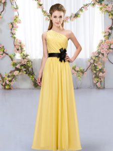 Flare Gold Dama Dress for Quinceanera Wedding Party with Belt One Shoulder Sleeveless Zipper