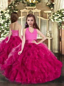 On Sale Fuchsia Halter Top Neckline Ruffles Little Girls Pageant Dress Sleeveless Lace Up