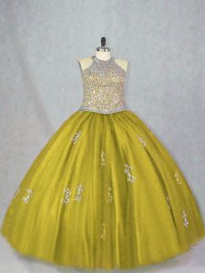 Suitable Olive Green Ball Gowns Tulle Halter Top Sleeveless Beading and Appliques Floor Length Lace Up Sweet 16 Dress