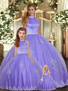 Elegant Sleeveless Floor Length Beading and Appliques Backless Quinceanera Dress with Lavender