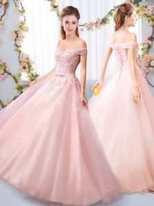 Luxury Off The Shoulder Sleeveless Quinceanera Court Dresses Floor Length Appliques and Belt Pink Tulle