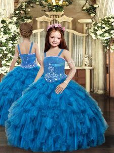 Blue Kids Formal Wear Party and Wedding Party with Beading Straps Sleeveless Lace Up