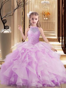 High Quality Lilac Ball Gowns High-neck Sleeveless Tulle Floor Length Lace Up Beading Pageant Dresses