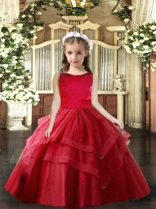 Floor Length Red Little Girl Pageant Gowns Scoop Sleeveless Lace Up