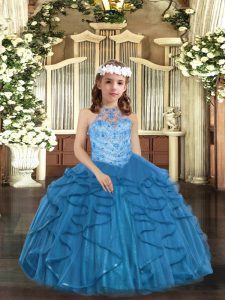 Discount Halter Top Sleeveless Lace Up Little Girls Pageant Gowns Blue Tulle