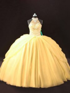 Exquisite Gold Tulle Lace Up 15 Quinceanera Dress Sleeveless Floor Length Beading and Pick Ups