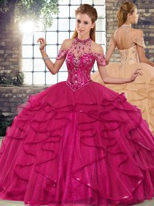 Best Fuchsia Ball Gowns Beading and Ruffles Sweet 16 Dress Lace Up Tulle Sleeveless Floor Length