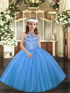 Floor Length Baby Blue Little Girl Pageant Dress Halter Top Sleeveless Lace Up