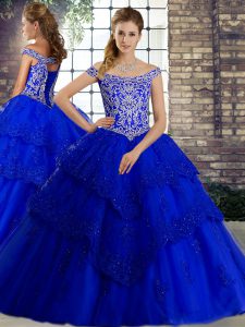 Ball Gowns Sleeveless Royal Blue 15th Birthday Dress Brush Train Lace Up