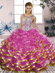 Noble Floor Length Lace Up Vestidos de Quinceanera Fuchsia for Military Ball and Sweet 16 and Quinceanera with Beading and Ruffles