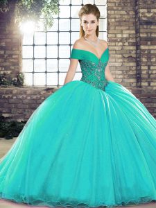 Glittering Brush Train Ball Gowns Quinceanera Gown Turquoise Off The Shoulder Organza Sleeveless Lace Up