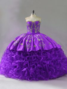 Purple Sweetheart Neckline Embroidery and Ruffles 15th Birthday Dress Sleeveless Lace Up