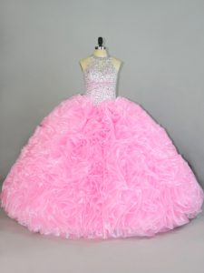 Glittering Baby Pink Organza Lace Up Halter Top Sleeveless Floor Length 15th Birthday Dress Beading and Ruffles
