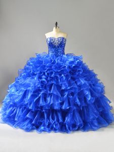 Luxurious Royal Blue Lace Up Sweetheart Beading and Ruffles Quinceanera Dresses Organza Sleeveless