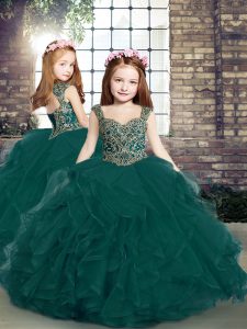 Charming Peacock Green Lace Up Straps Beading and Ruffles Girls Pageant Dresses Tulle Sleeveless